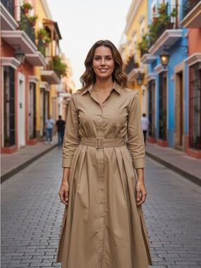 Weekend Max Mara Beige Long-Sleeve Belted Shirt Dress Size 40